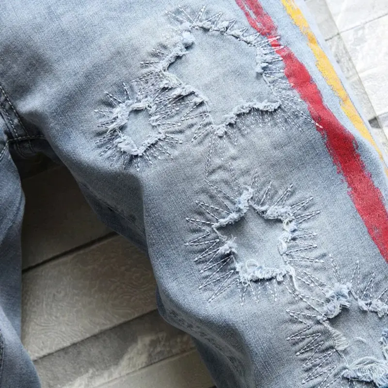 Men Light Blue Jeans Shorts Good Quality Men Holes Denim Shorts New Summer Men Slim Fit Casual Jeans Thin Knee Length Jeans 38