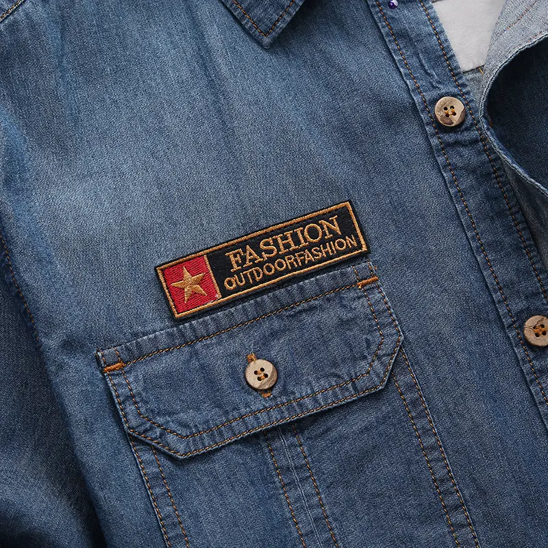 Men Multi pockets Blue Denim Shirts New Summer Male Short Sleeve Tooling Shirts High Quality Men Cotton Casual Jeans Shirts 4XL