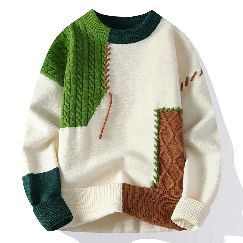 New Autumn Winter Men O-Neck Pullovers Knitted Sweaters Splicing Casual Sweaters High Quality Male Loose Pullovers Clothing 4XL