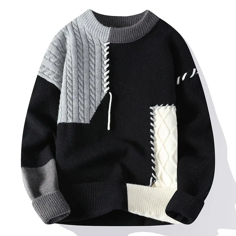 New Autumn Winter Men O-Neck Pullovers Knitted Sweaters Splicing Casual Sweaters High Quality Male Loose Pullovers Clothing 4XL