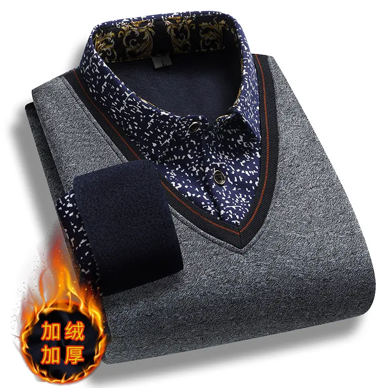 Men Casual Twinset Shirts Sweaters New Autumn Outwear Knitted Pullovers Sweaters Male Fleece Warm Fake Two Pieces Sweaters 3XL