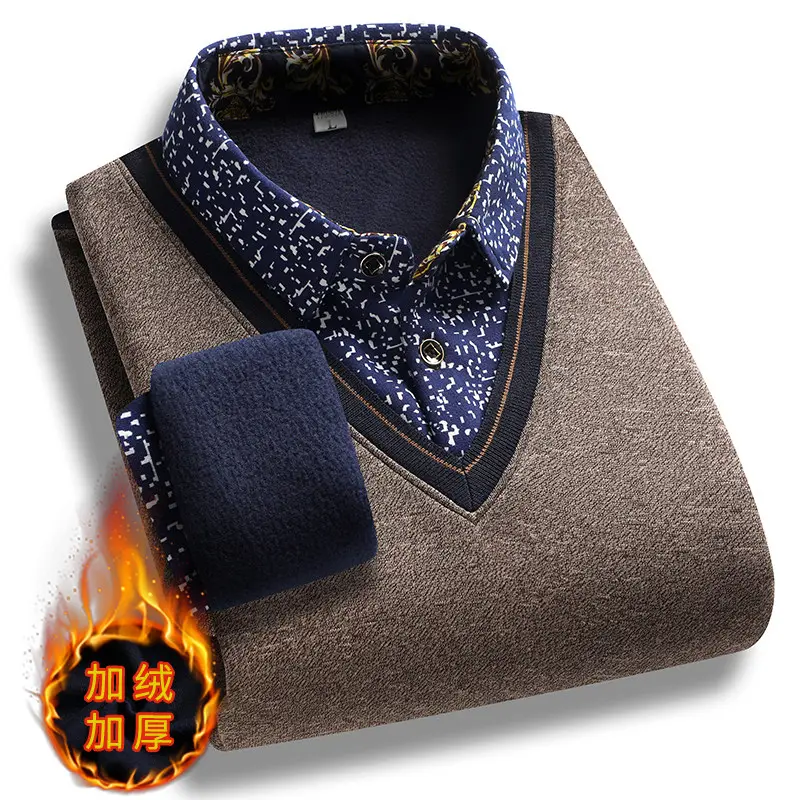 Men Casual Twinset Shirts Sweaters New Autumn Outwear Knitted Pullovers Sweaters Male Fleece Warm Fake Two Pieces Sweaters 3XL