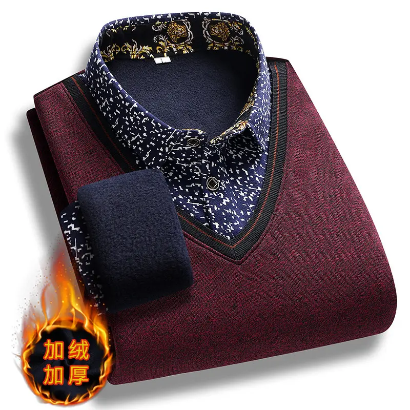 Men Casual Twinset Shirts Sweaters New Autumn Outwear Knitted Pullovers Sweaters Male Fleece Warm Fake Two Pieces Sweaters 3XL