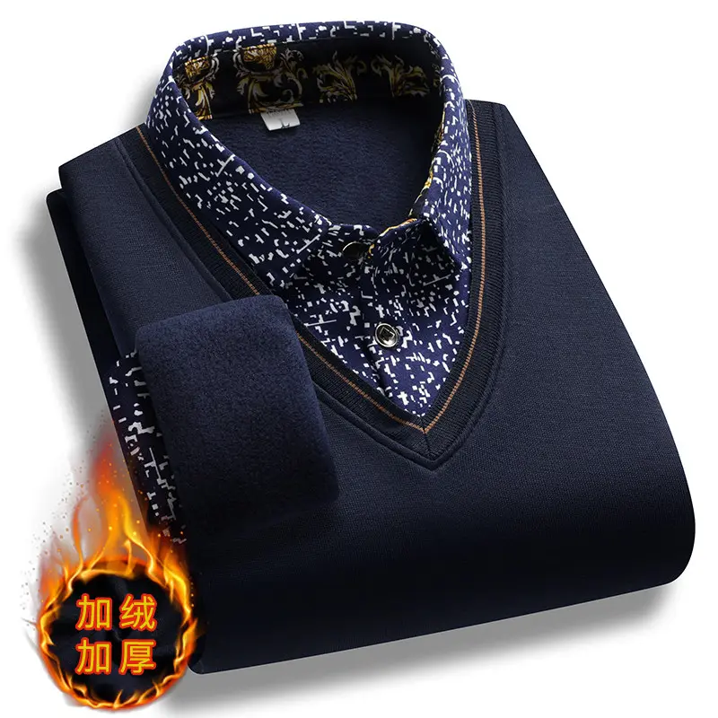 Men Casual Twinset Shirts Sweaters New Autumn Outwear Knitted Pullovers Sweaters Male Fleece Warm Fake Two Pieces Sweaters 3XL
