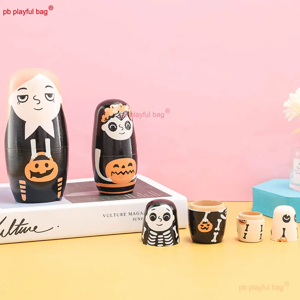 5Pcs/Set Wooden Russian Nesting Home Decoration Halloween Pumpkin Girl Festival Gift Stacking Dolls Kids DIY Toys HG380