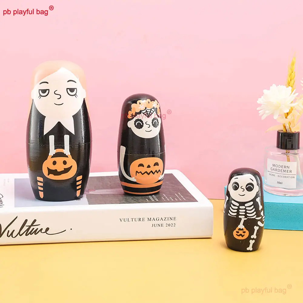 5Pcs/Set Wooden Russian Nesting Home Decoration Halloween Pumpkin Girl Festival Gift Stacking Dolls Kids DIY Toys HG380