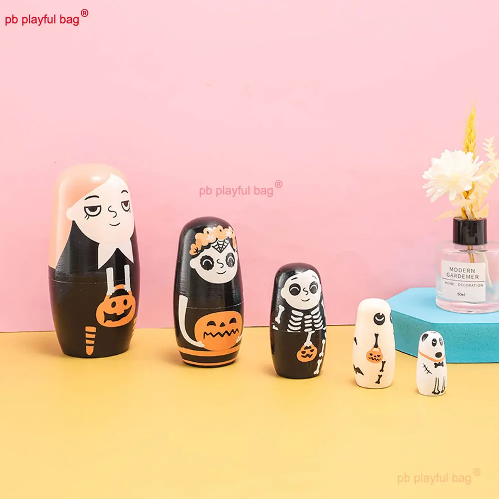 5Pcs/Set Wooden Russian Nesting Home Decoration Halloween Pumpkin Girl Festival Gift Stacking Dolls Kids DIY Toys HG380