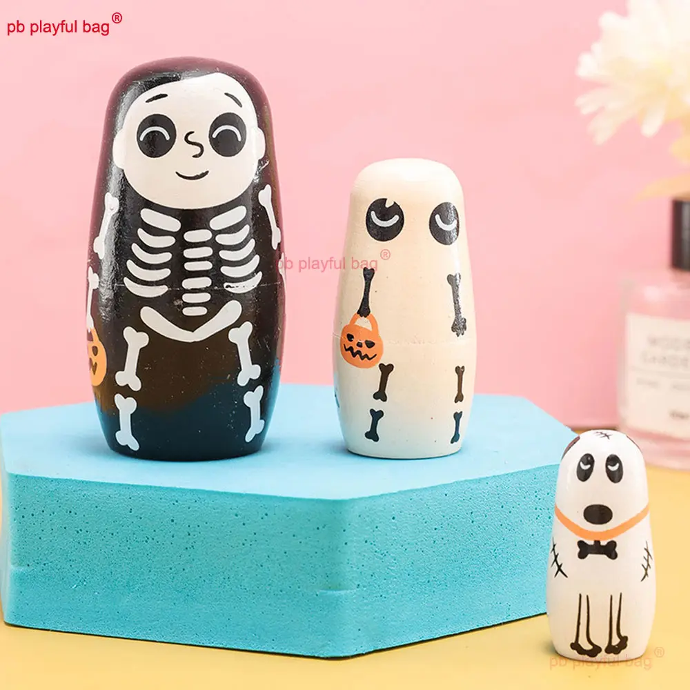5Pcs/Set Wooden Russian Nesting Home Decoration Halloween Pumpkin Girl Festival Gift Stacking Dolls Kids DIY Toys HG380