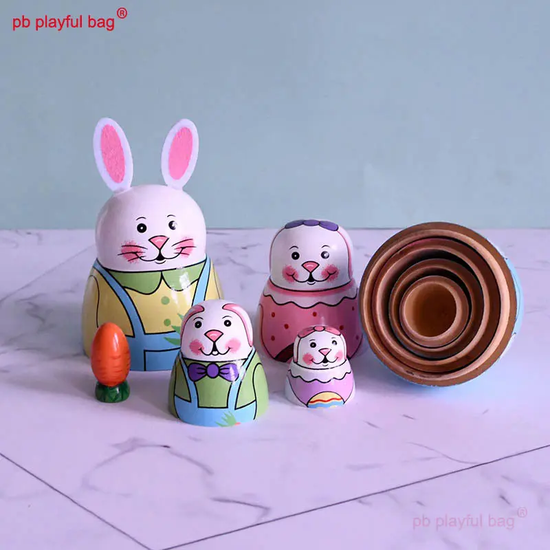 Five Layer Cartoon Rabbit Russian Doll Wooden Home Decoration Crafts Wooden Nesting Doll Kids Fun Toys Easter Gifts HG187