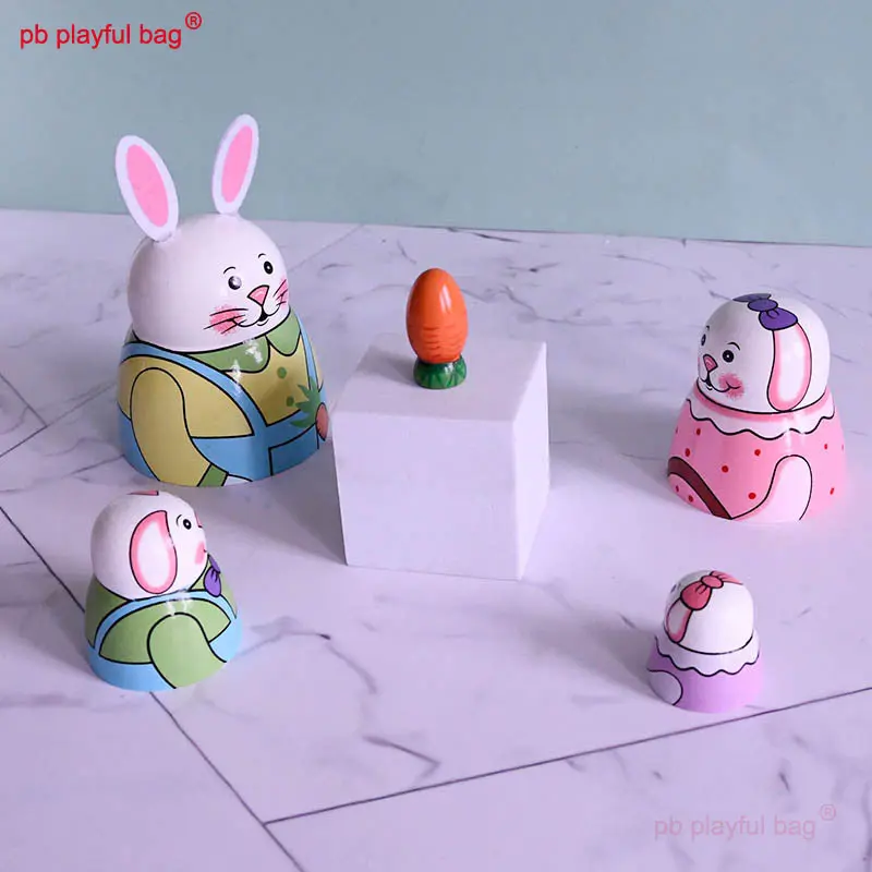 Five Layer Cartoon Rabbit Russian Doll Wooden Home Decoration Crafts Wooden Nesting Doll Kids Fun Toys Easter Gifts HG187