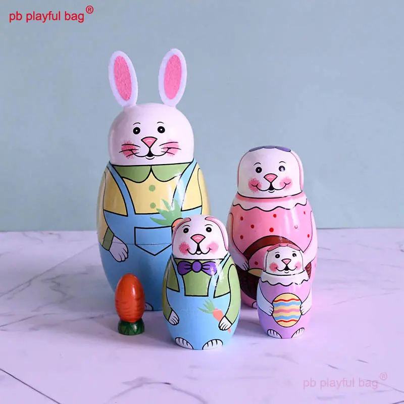 Five Layer Cartoon Rabbit Russian Doll Wooden Home Decoration Crafts Wooden Nesting Doll Kids Fun Toys Easter Gifts HG187