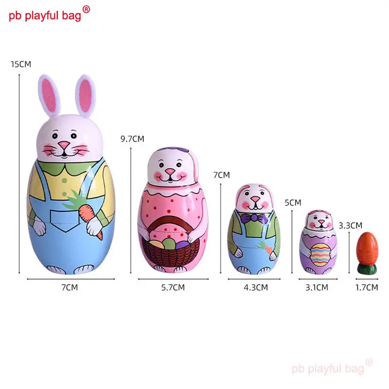 Five Layer Cartoon Rabbit Russian Doll Wooden Home Decoration Crafts Wooden Nesting Doll Kids Fun Toys Easter Gifts HG187