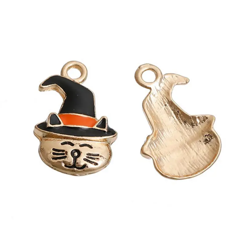 5 PCs Zinc Alloy Halloween Charms Cat & Owl Animal Rhinestone Golden & Black Hat Enamel Pendants For DIY Jewelry Makin