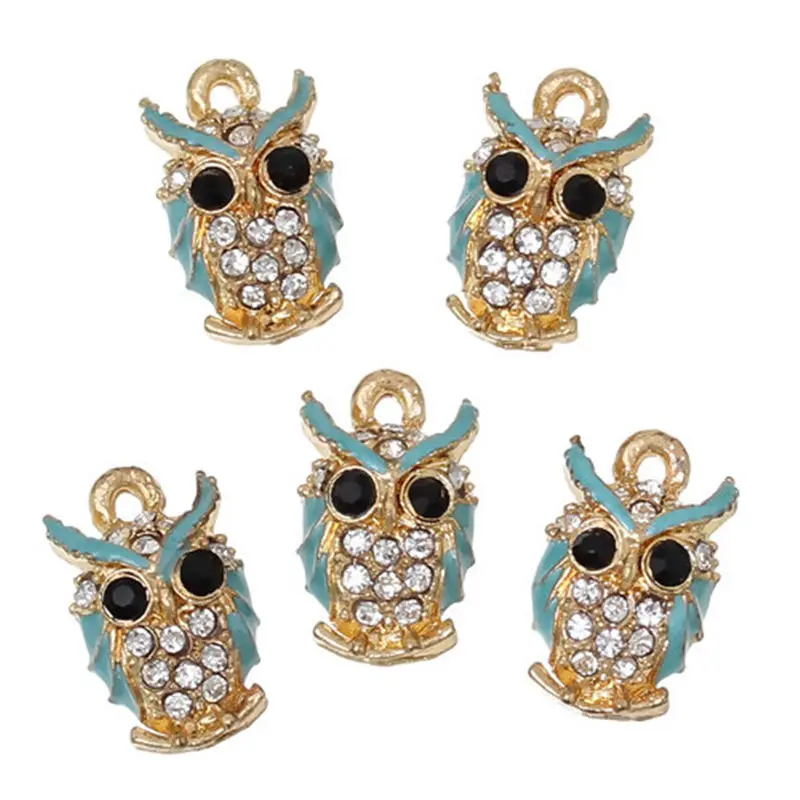 5 PCs Zinc Alloy Halloween Charms Cat & Owl Animal Rhinestone Golden & Black Hat Enamel Pendants For DIY Jewelry Makin