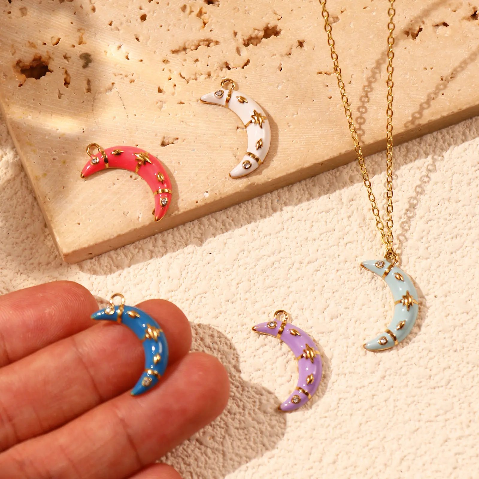 1 Piece 304 Stainless Steel Galaxy Charms 18K Gold Plated Enamel Half Moon Star Micro Pave Clear Cubic Zirconia DIY Necklace