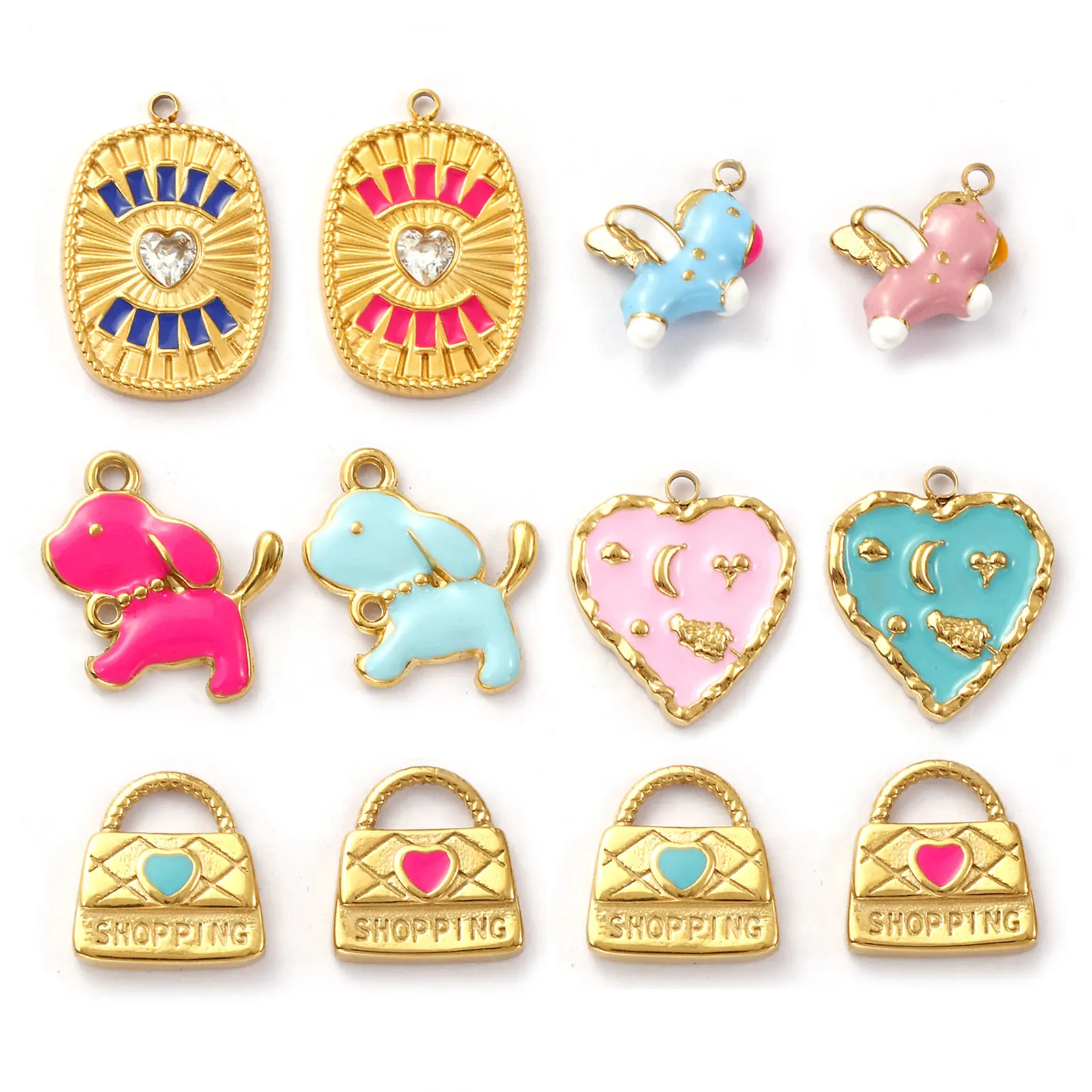 1 Piece 304 Stainless Steel Charms 18K Gold Plated Enamel Handbag Puppy Evil Eye Pendant For DIY Necklace Jewelry Making