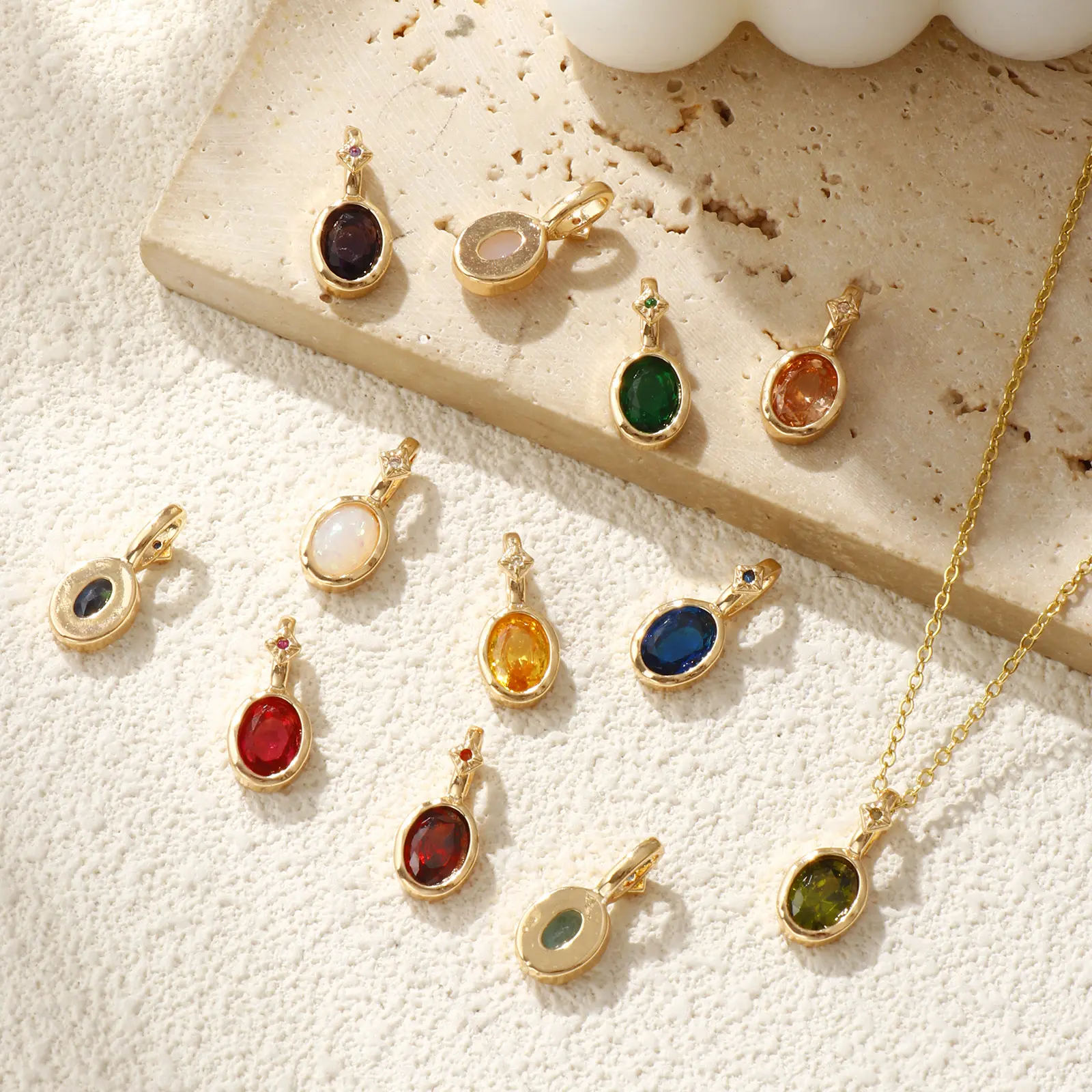 1 Piece Brass & Cubic Zirconia Birthstone Charms 14K Gold Plated Oval Pendant For DIY Necklace Earring Jewelry Making 18mm x 8mm