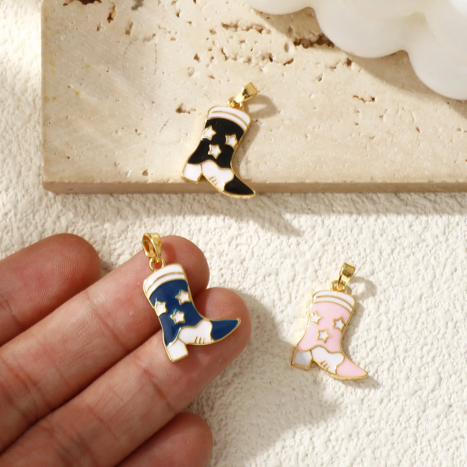 2 PCs Brass West Cowboy Charm Pendant 18K Gold Plated Enamel Boots Star Pendants For DIY Necklace Jewelry Making 24mm x 15mm