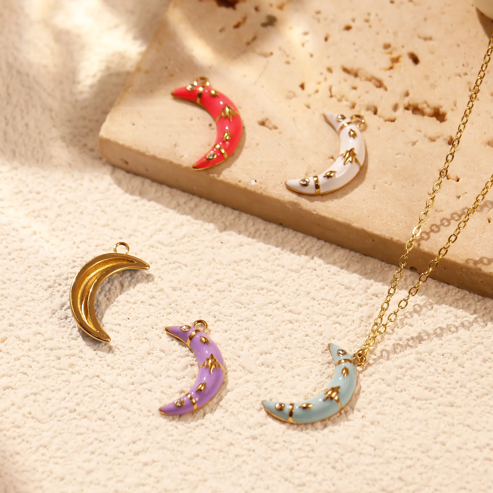 1 Piece 304 Stainless Steel Galaxy Charms 18K Gold Plated Enamel Half Moon Star Micro Pave Clear Cubic Zirconia DIY Necklace