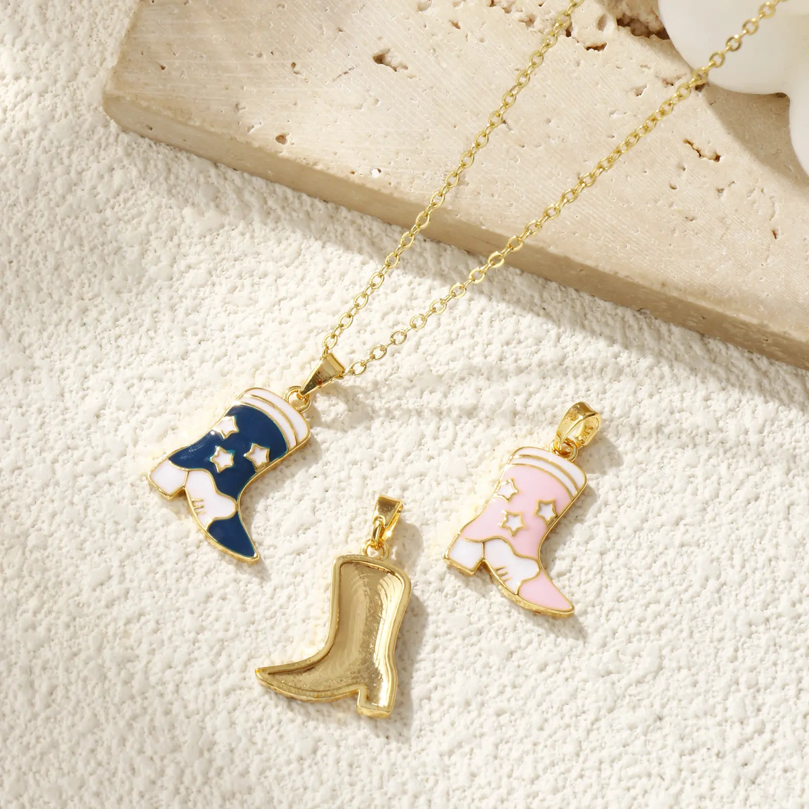 2 PCs Brass West Cowboy Charm Pendant 18K Gold Plated Enamel Boots Star Pendants For DIY Necklace Jewelry Making 24mm x 15mm