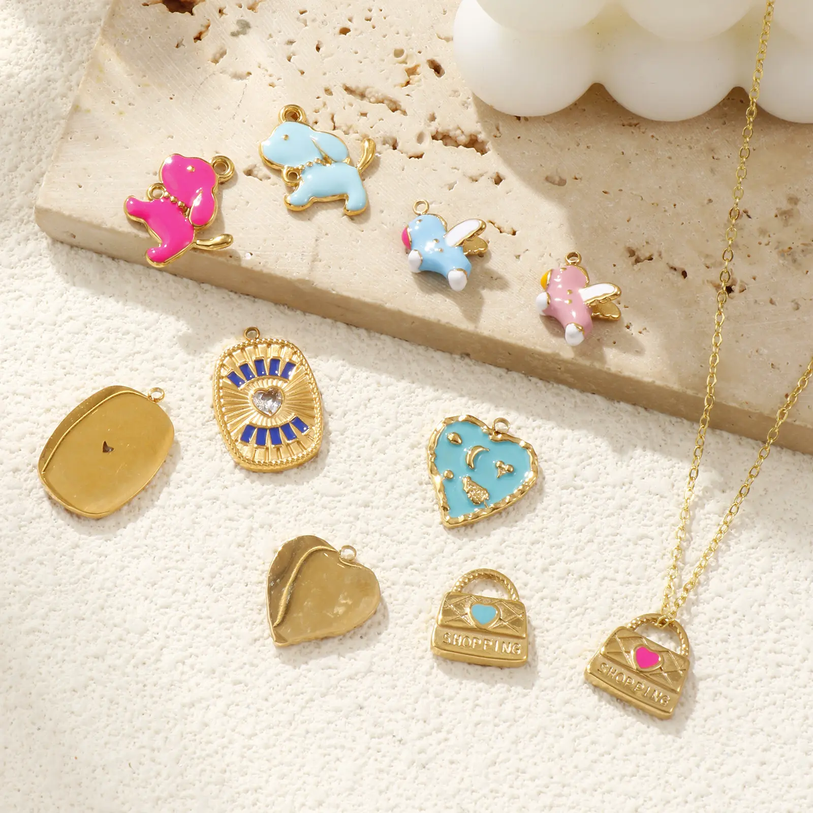 1 Piece 304 Stainless Steel Charms 18K Gold Plated Enamel Handbag Puppy Evil Eye Pendant For DIY Necklace Jewelry Making