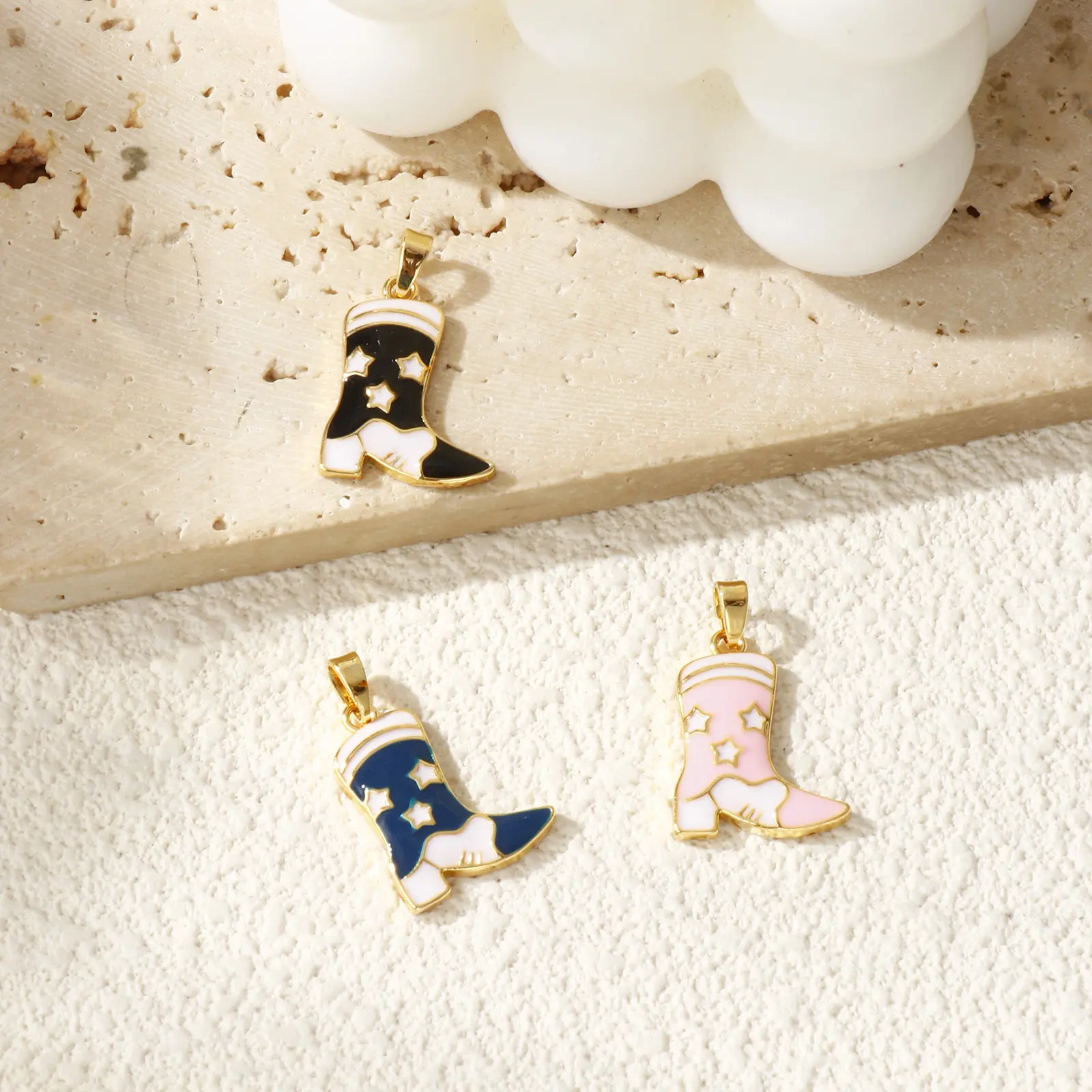 2 PCs Brass West Cowboy Charm Pendant 18K Gold Plated Enamel Boots Star Pendants For DIY Necklace Jewelry Making 24mm x 15mm