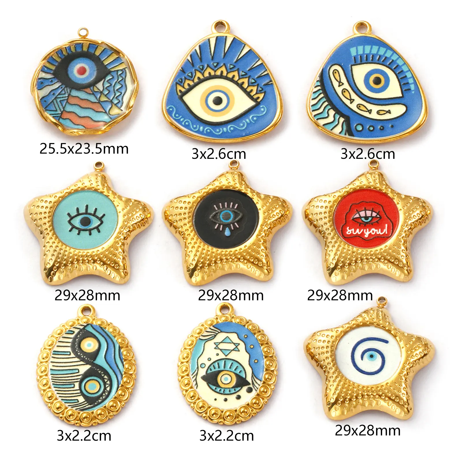 2 PCs 304 Stainless Steel Religious Charms 18K Gold Plated Enamel Evil Eye Pendants For DIY Necklace Jewelry Making Findings
