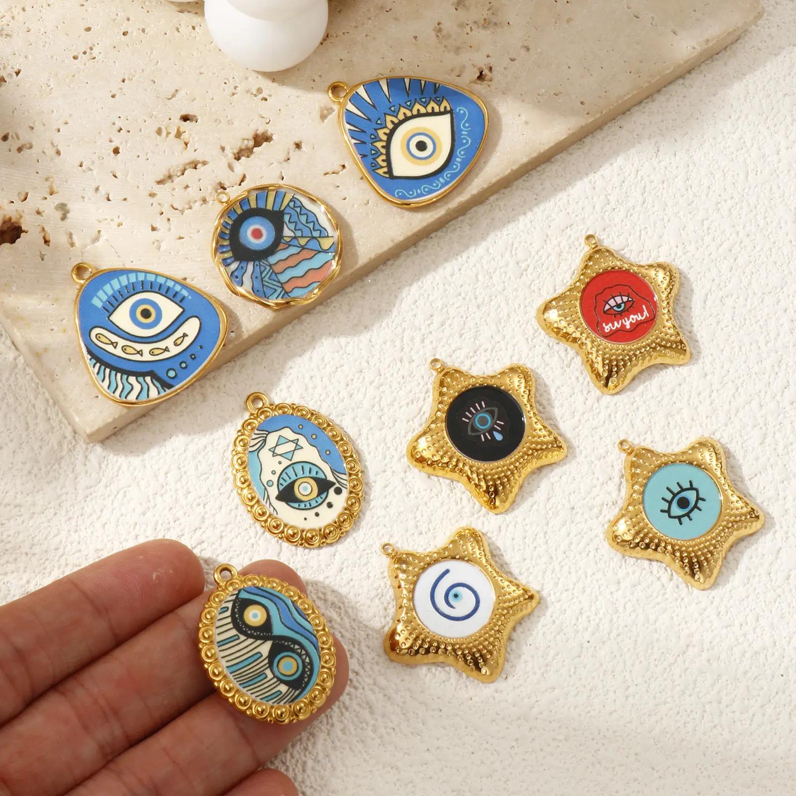 2 PCs 304 Stainless Steel Religious Charms 18K Gold Plated Enamel Evil Eye Pendants For DIY Necklace Jewelry Making Findings