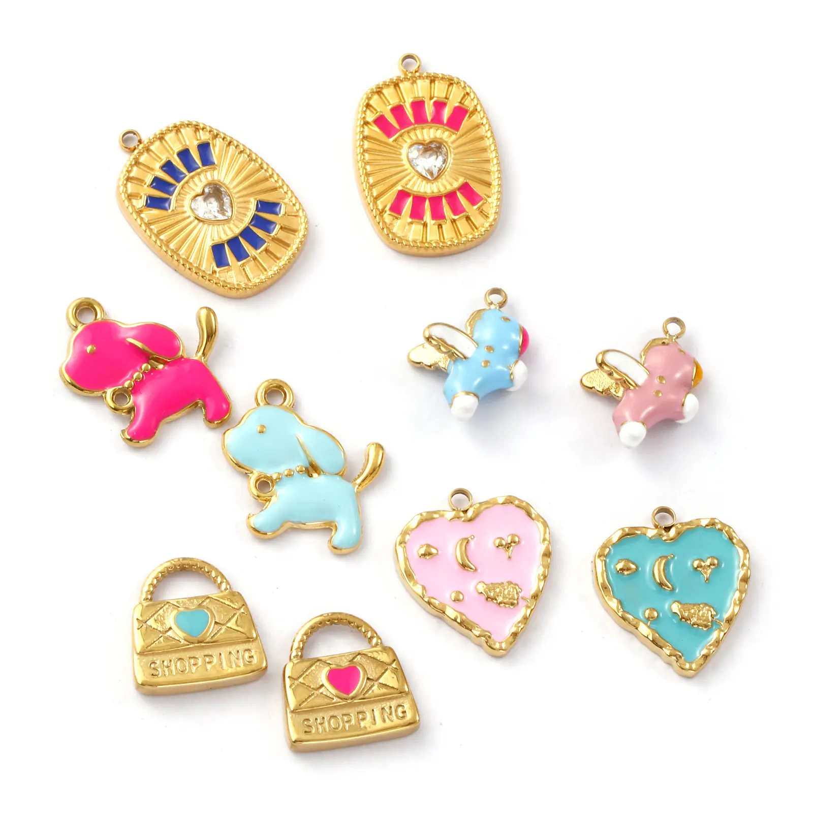 1 Piece 304 Stainless Steel Charms 18K Gold Plated Enamel Handbag Puppy Evil Eye Pendant For DIY Necklace Jewelry Making