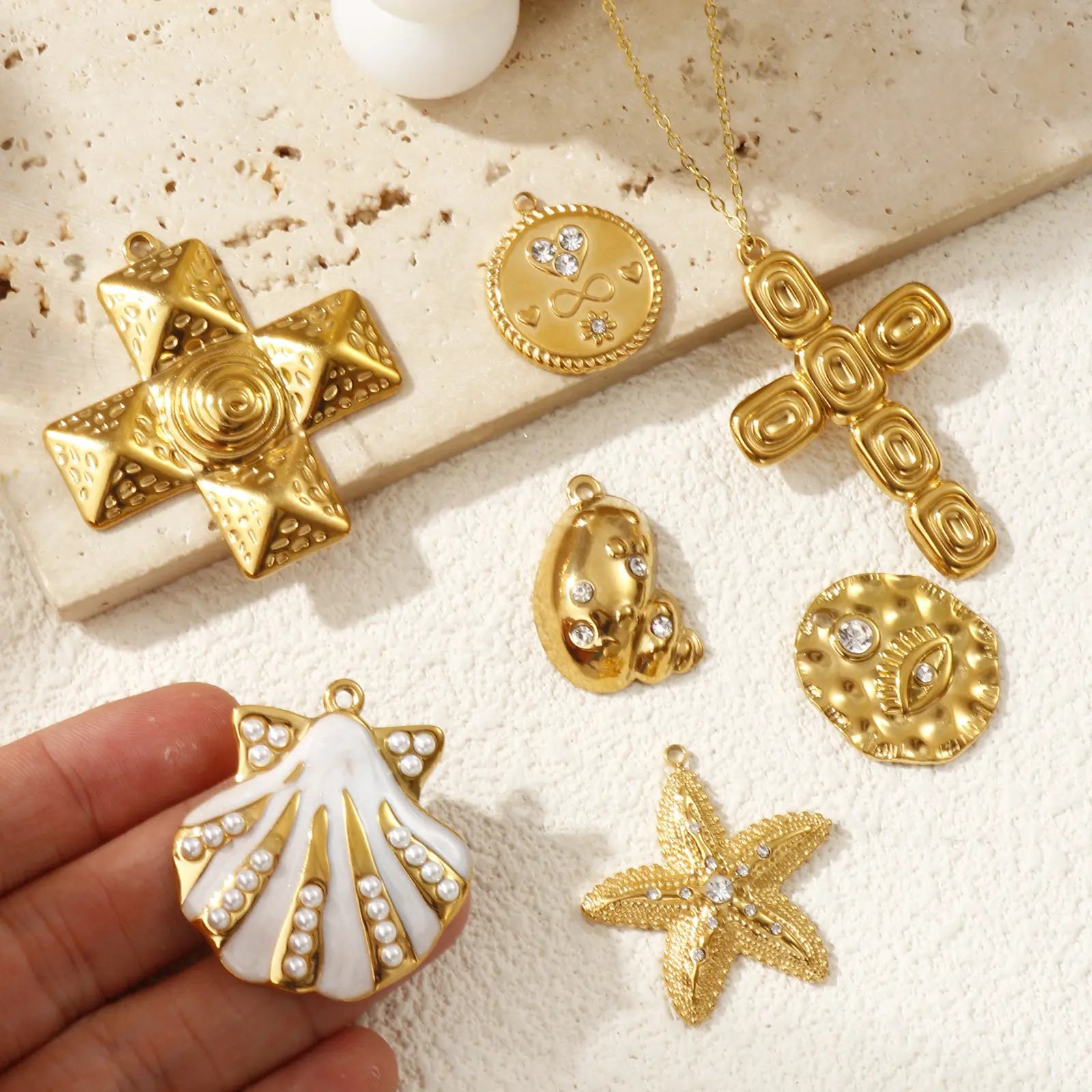 1 Piece 304 Stainless Steel Charms 18K Gold Plated Cross Conch Starfish Shell Pendant For DIY Necklace Jewelry Making Finding