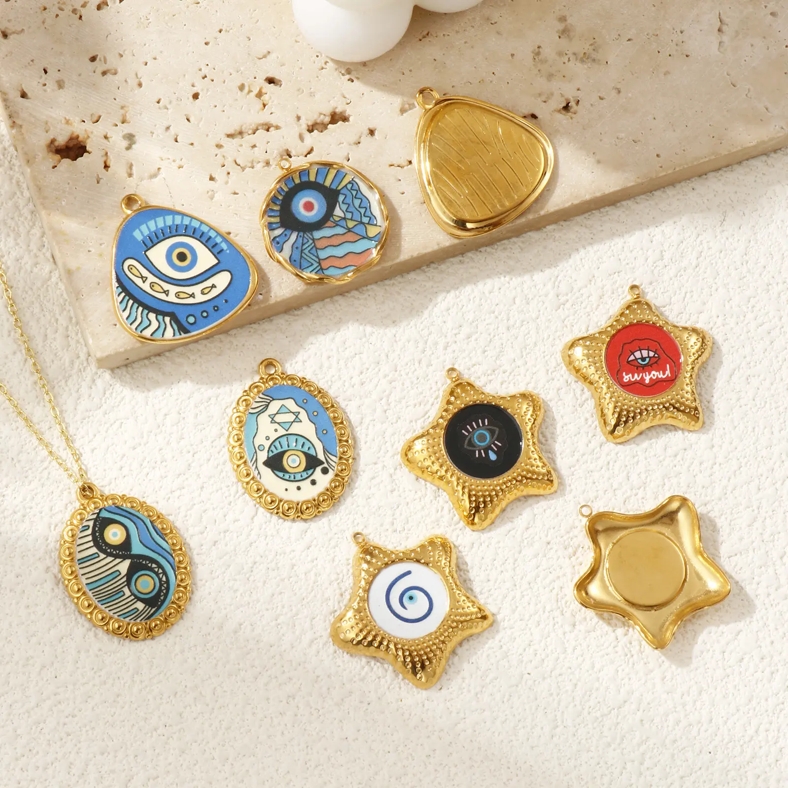 2 PCs 304 Stainless Steel Religious Charms 18K Gold Plated Enamel Evil Eye Pendants For DIY Necklace Jewelry Making Findings