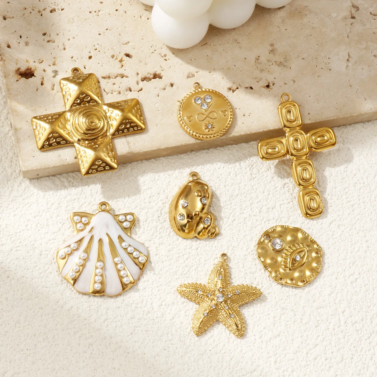 1 Piece 304 Stainless Steel Charms 18K Gold Plated Cross Conch Starfish Shell Pendant For DIY Necklace Jewelry Making Finding