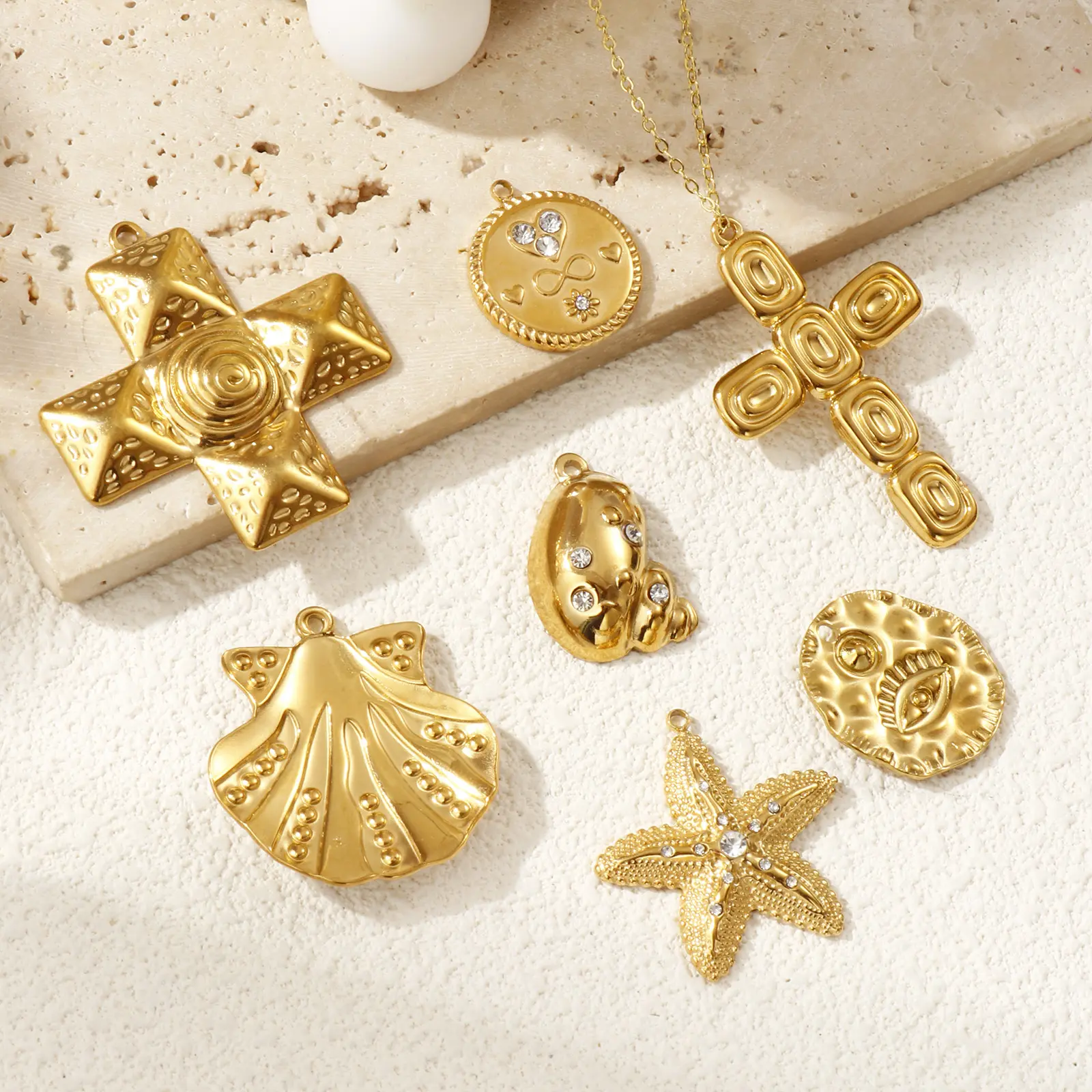 1 Piece 304 Stainless Steel Charms 18K Gold Plated Cross Conch Starfish Shell Pendant For DIY Necklace Jewelry Making Finding