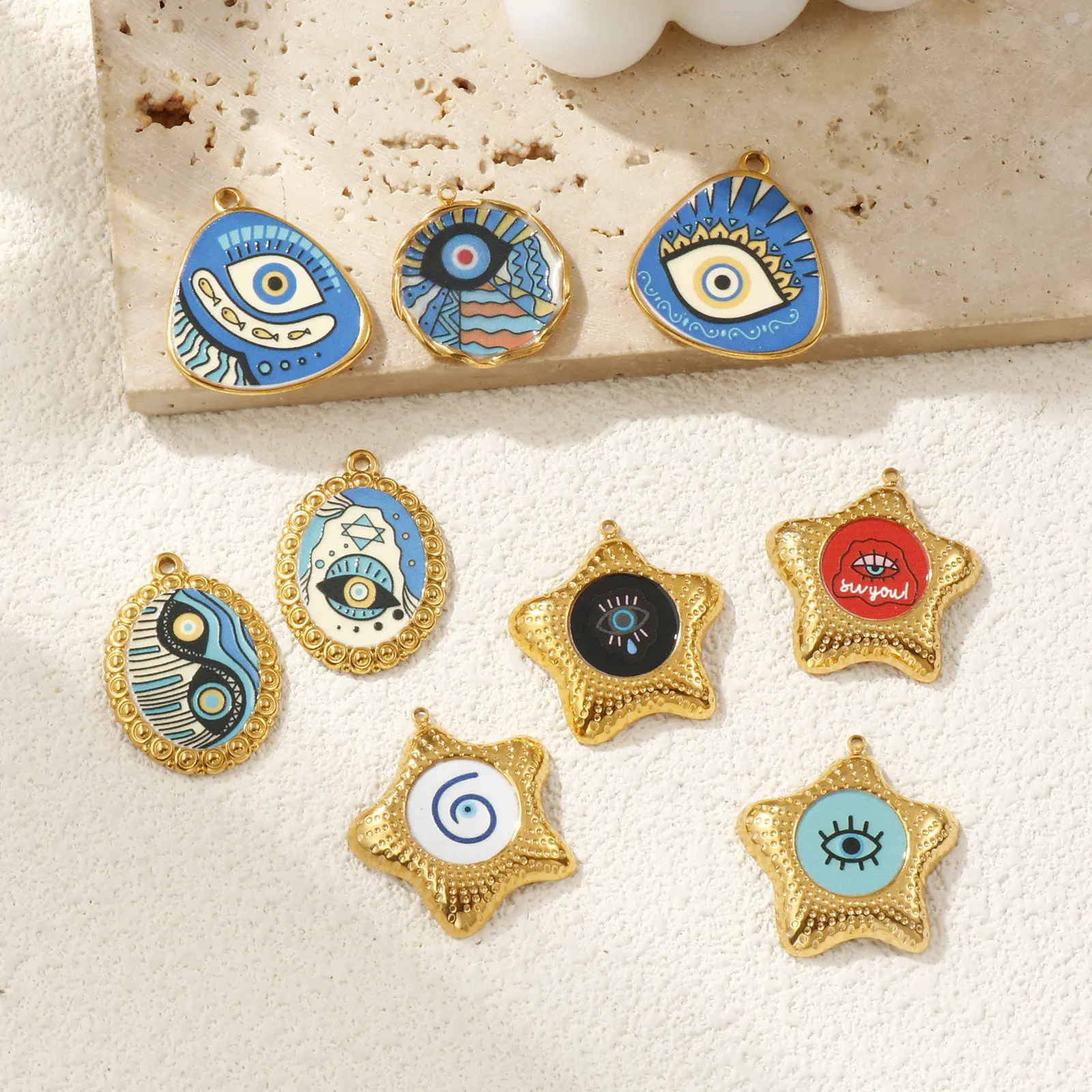 2 PCs 304 Stainless Steel Religious Charms 18K Gold Plated Enamel Evil Eye Pendants For DIY Necklace Jewelry Making Findings