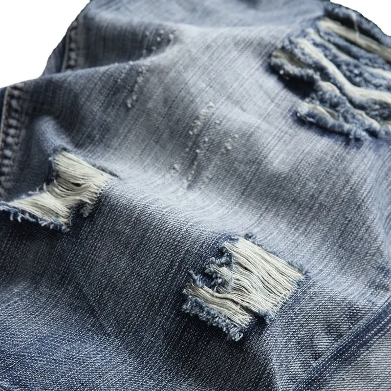 New Summer Men Retro Holes Thin Denim Shorts Jeans Good Quality Male Cotton Straight Loose Shorts Ripped Knee Length Jeans 42