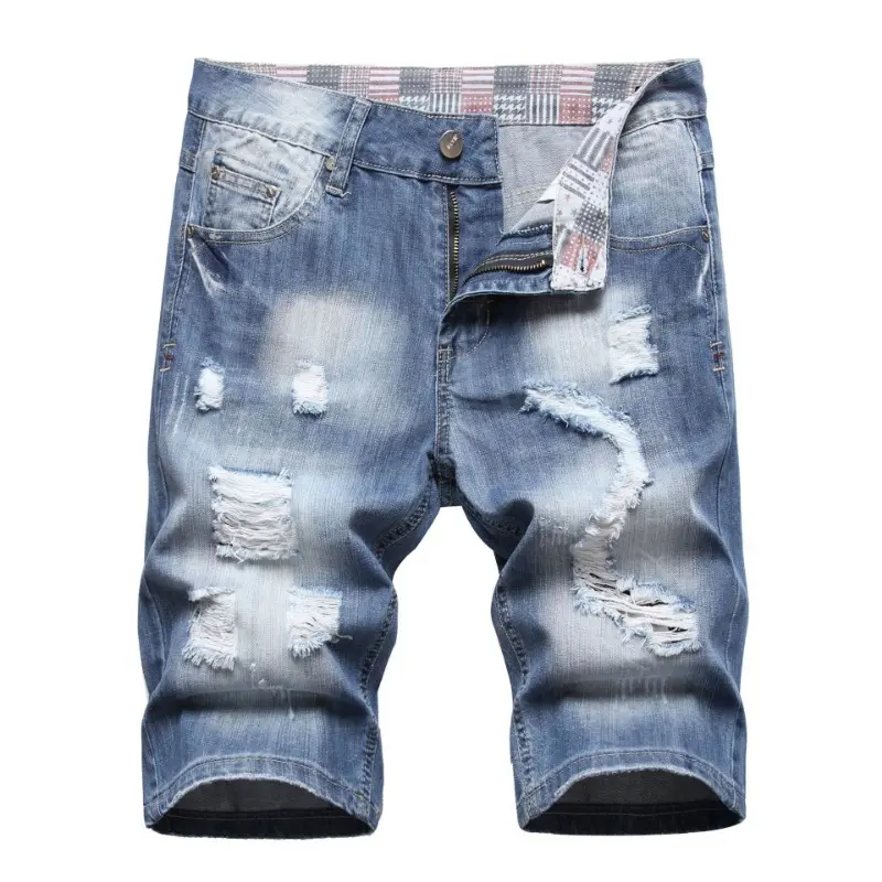 New Summer Men Retro Holes Thin Denim Shorts Jeans Good Quality Male Cotton Straight Loose Shorts Ripped Knee Length Jeans 42