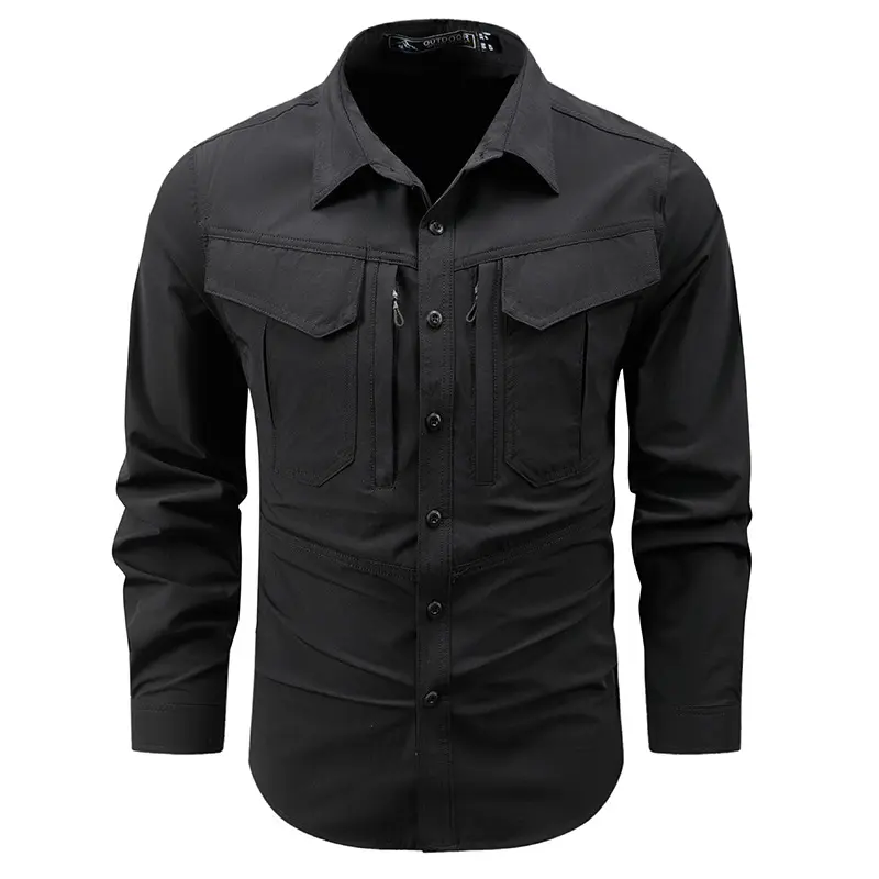 Men Outdoor Elastic Quick Drying Cargo Shirts Multi Pockets Tooling Shirts New Spring Male Breathable and Comfortable Shirts 4XL