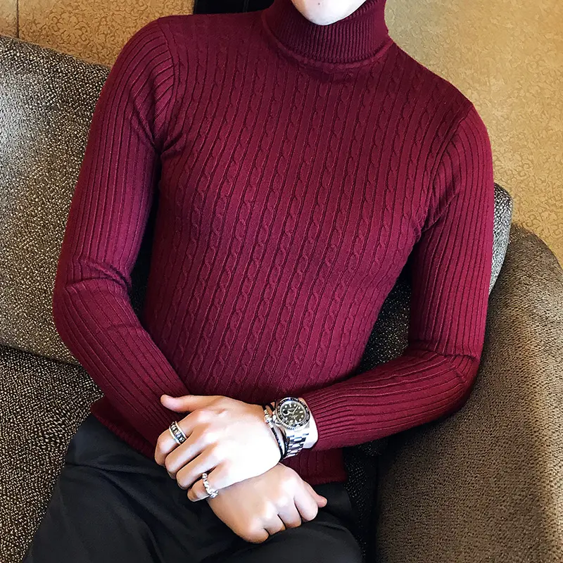 Men Slim Solid Color Turtlenecks Fit Sweaters Men Winter Long Sleeve Warm Knit Sweaters Classic Solid Casual Bottoming Shirt 5XL