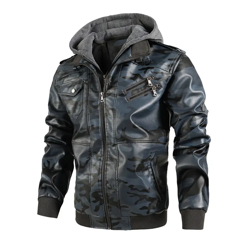 Men Hooded Leather Jackets Camouflage Casual Leather Coats New Male Street Wear Motorcycle Leather Jackets Hat Detachable 4XL