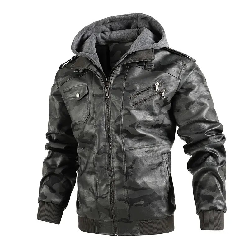 Men Hooded Leather Jackets Camouflage Casual Leather Coats New Male Street Wear Motorcycle Leather Jackets Hat Detachable 4XL
