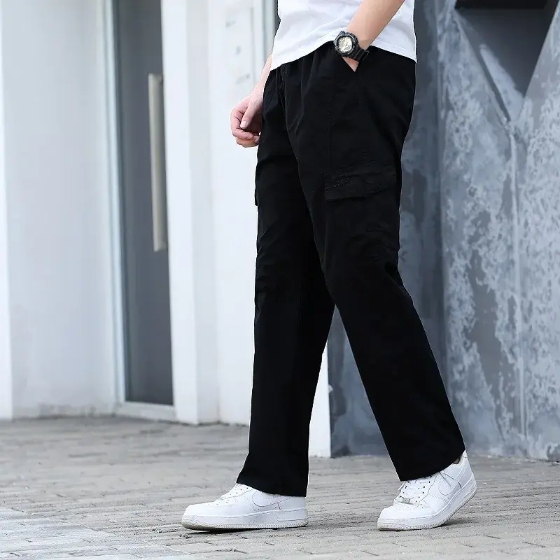 Quality Men Cotton Multiple Pockets Cargo Pants Loose Straight Casual Trousers Spring Male Solid Elastic Waist Tooling Pants 6XL
