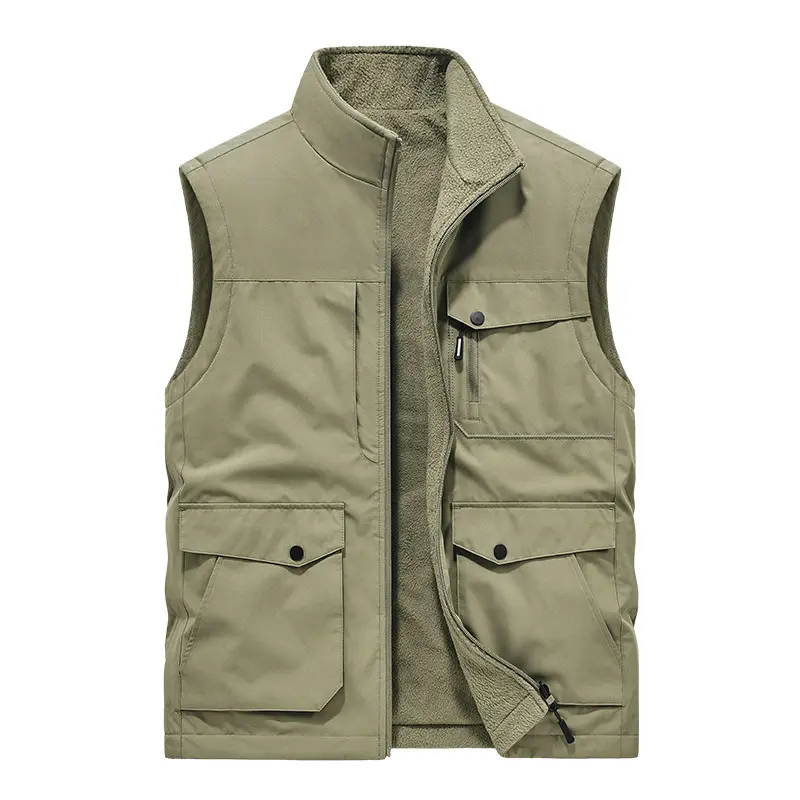 New Autumn Men Outdoor Fleece Warm Reversible Vests Quality Waistcoats Male Sleeveless Jackets Multi Pockets Fishing Cargo Vests