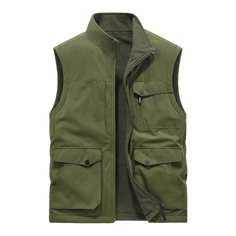 New Autumn Men Outdoor Fleece Warm Reversible Vests Quality Waistcoats Male Sleeveless Jackets Multi Pockets Fishing Cargo Vests