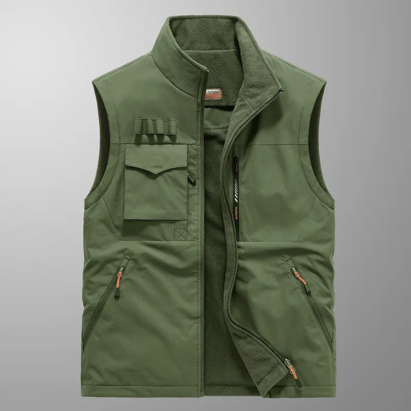New Autumn Men Outdoor Fleece Warm Reversible Vests Quality Waistcoats Male Sleeveless Jackets Multi Pockets Fishing Cargo Vests