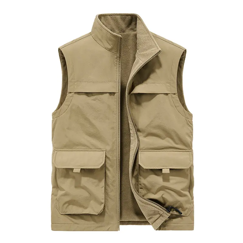 New Autumn Men Outdoor Fleece Warm Reversible Vests Quality Waistcoats Male Sleeveless Jackets Multi Pockets Fishing Cargo Vests