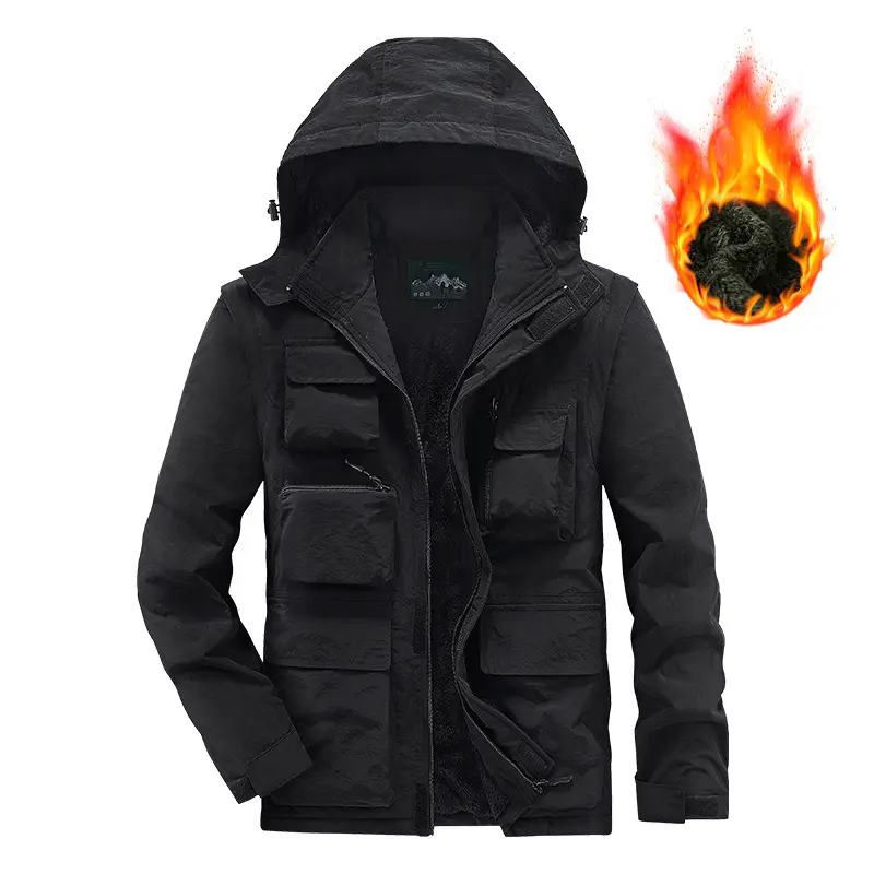 Men Multi Pockets Outdoor Jackets Hooded Casual Winter Warm Parkas Fleece Down Jackets New Male Military Jackets Men's Clothing