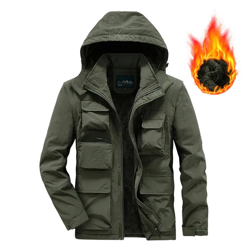 Men Multi Pockets Outdoor Jackets Hooded Casual Winter Warm Parkas Fleece Down Jackets New Male Military Jackets Men's Clothing