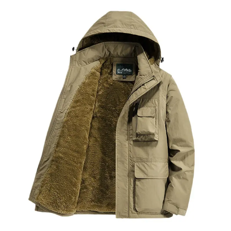 Men Multi Pockets Outdoor Jackets Hooded Casual Winter Warm Parkas Fleece Down Jackets New Male Military Jackets Men's Clothing
