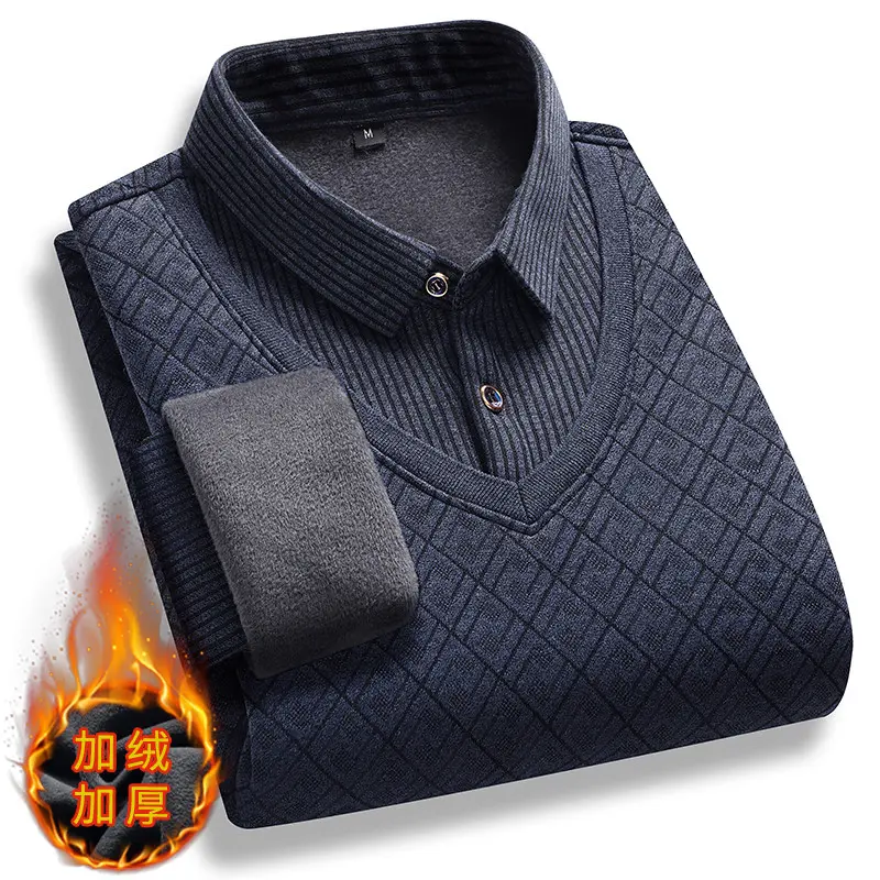 New Autumn Men Stripe Casual Twinset Shirts Sweaters Man Outwear Knitted Pullovers Male Fleece Warm Fake Two Pieces Sweaters 4XL