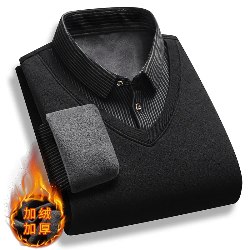 New Autumn Men Stripe Casual Twinset Shirts Sweaters Man Outwear Knitted Pullovers Male Fleece Warm Fake Two Pieces Sweaters 4XL